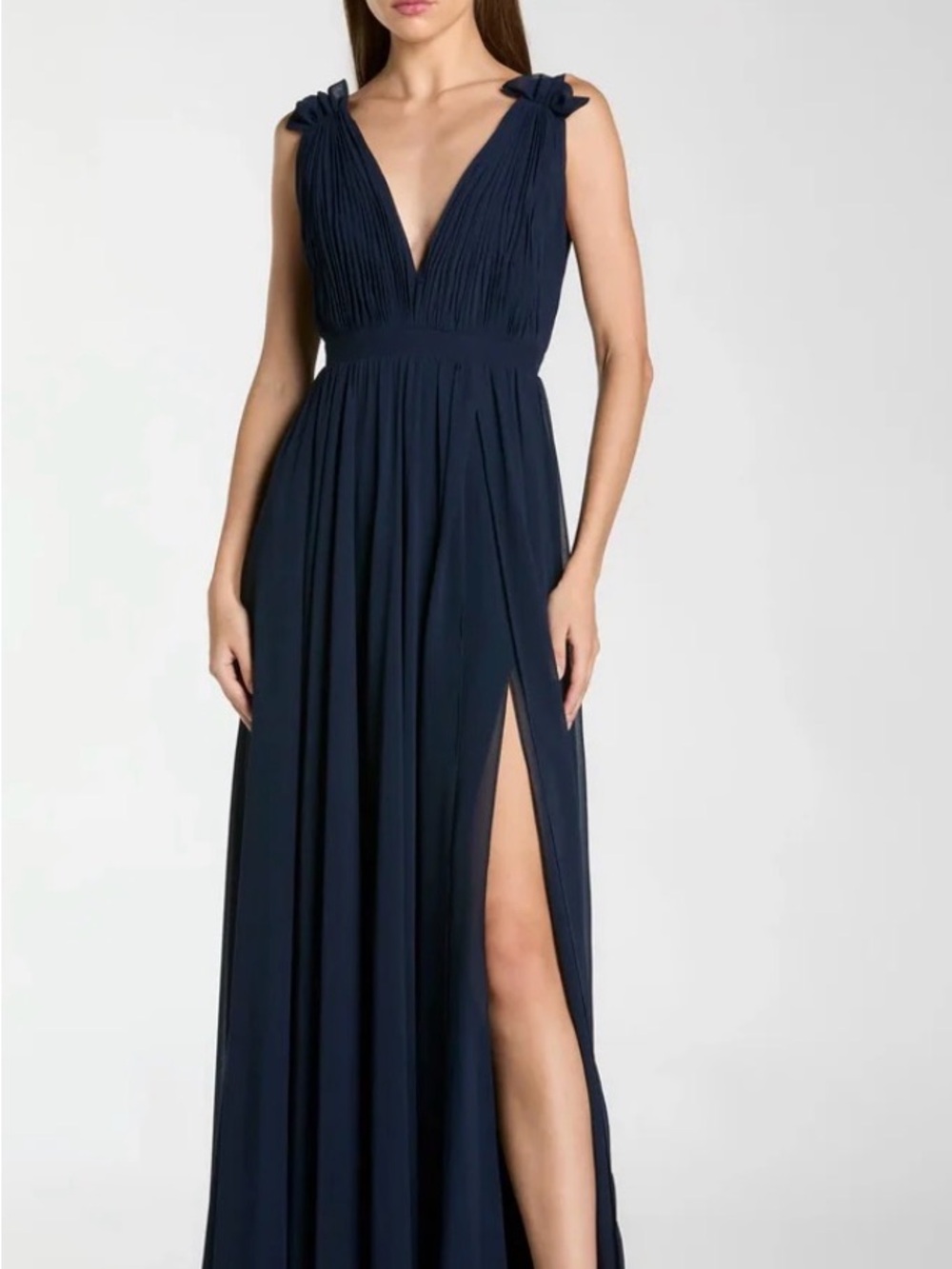 Mac Duggal Navy Plunging V-Neck Maxi Dress with Shoulder Knots